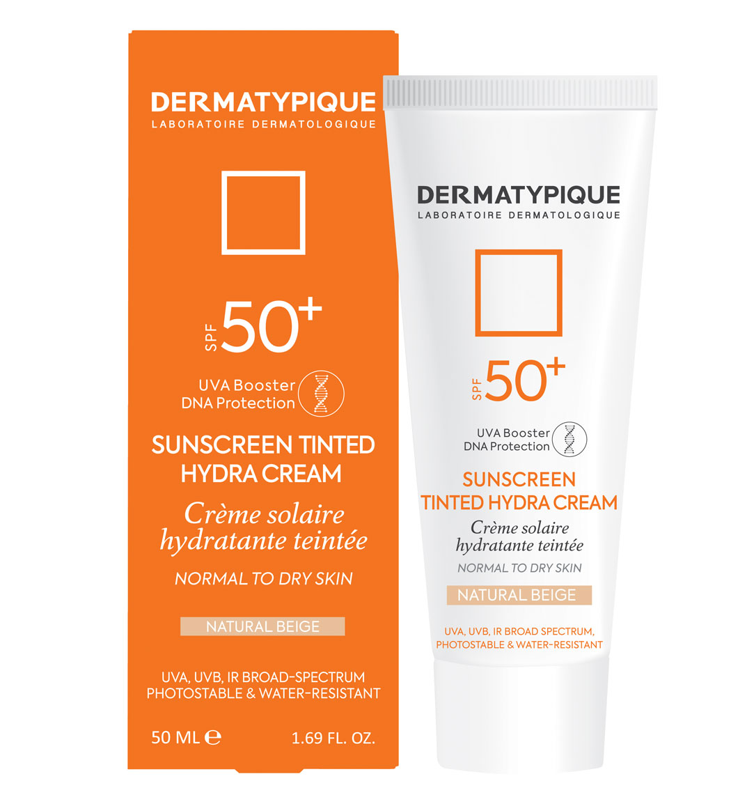 ضد آفتاب پوست خشک مدل هیدرا بژ طبیعی SPF50 رنگی درماتیپیک DERMATYPIQUE TINED SUNSCREEN CREAM FOR DRY SKINS SPF 50
